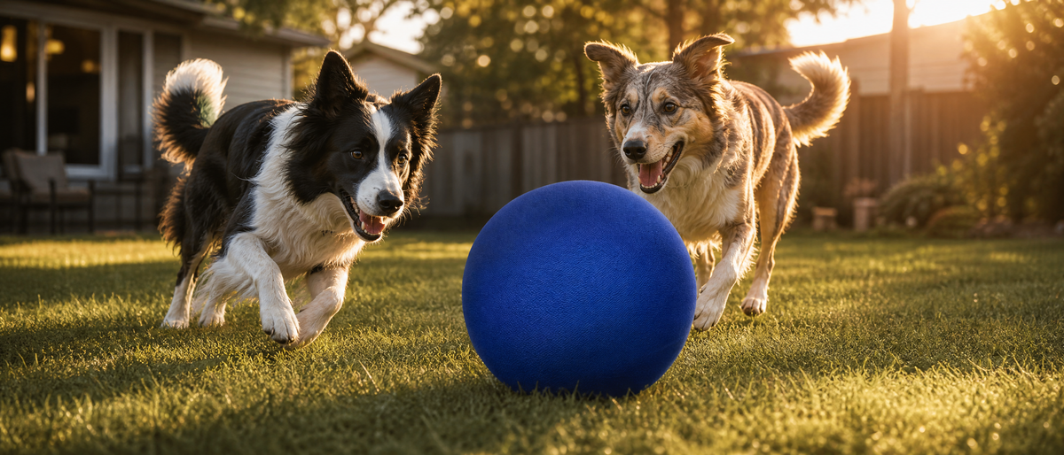 Two dogs chasing the blue herding ball across a wide back garden