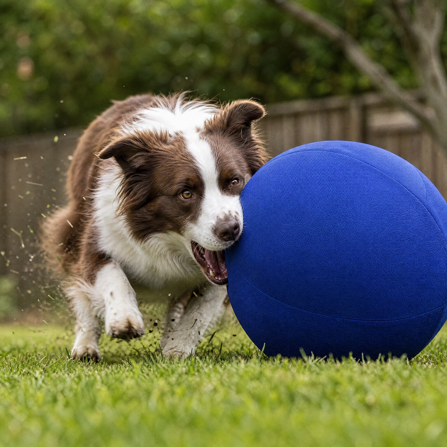 Border collie driving the blue herding ball across a lawn