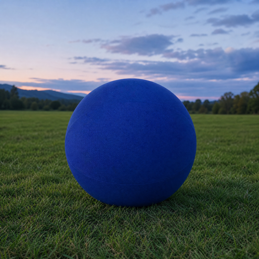 The blue herding ball standing out clearly against green grass