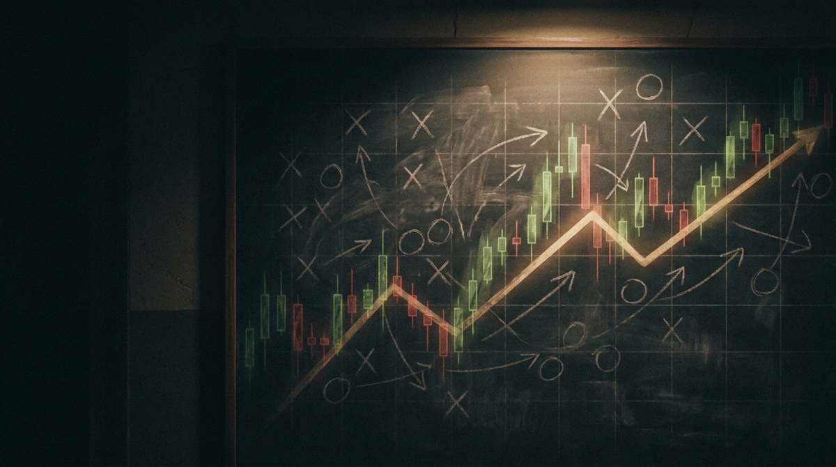 A chalkboard of candlesticks, plays and a rising trend line
