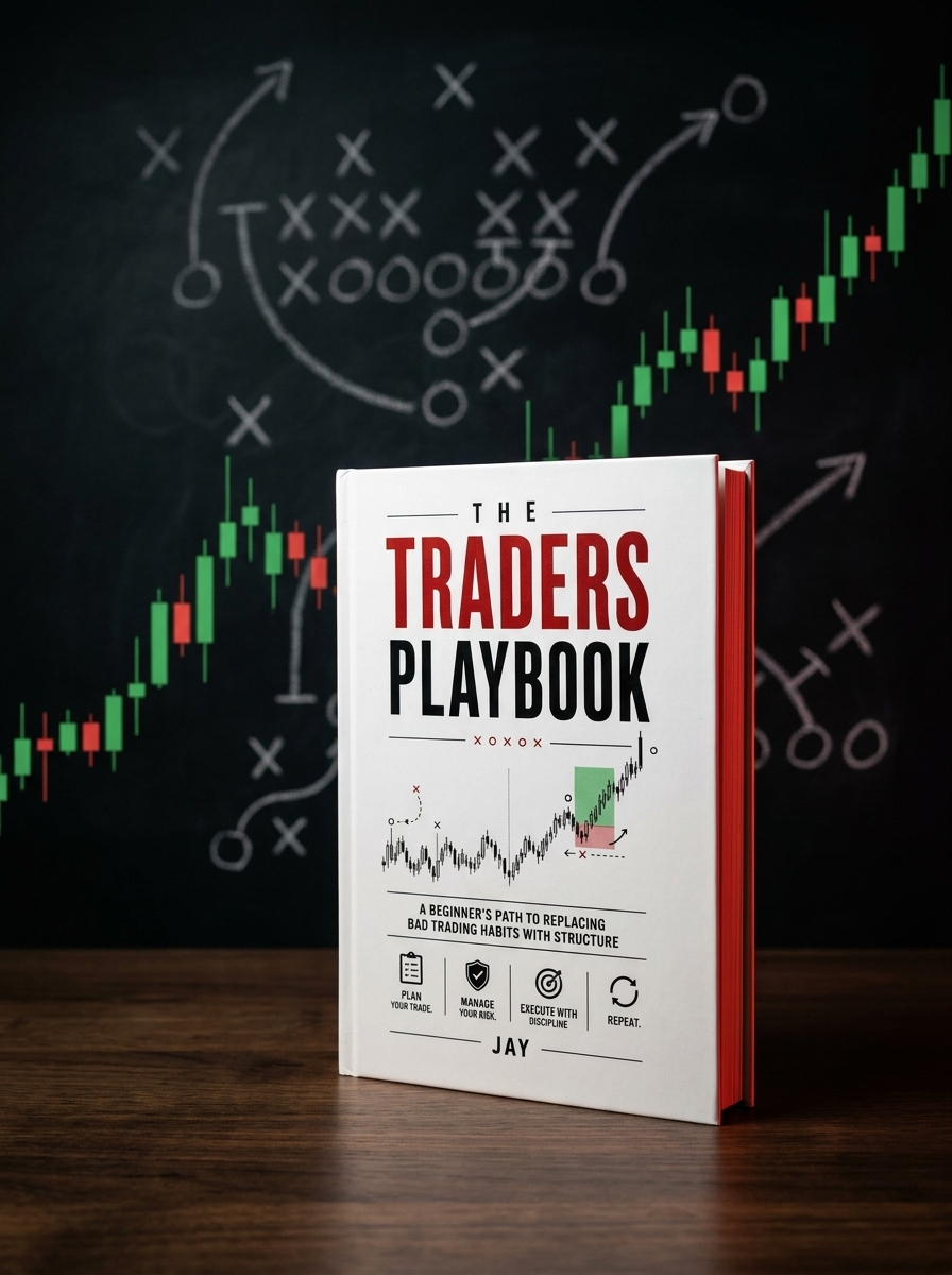 The Traders Playbook book on a desk against a chalkboard of candlesticks and plays