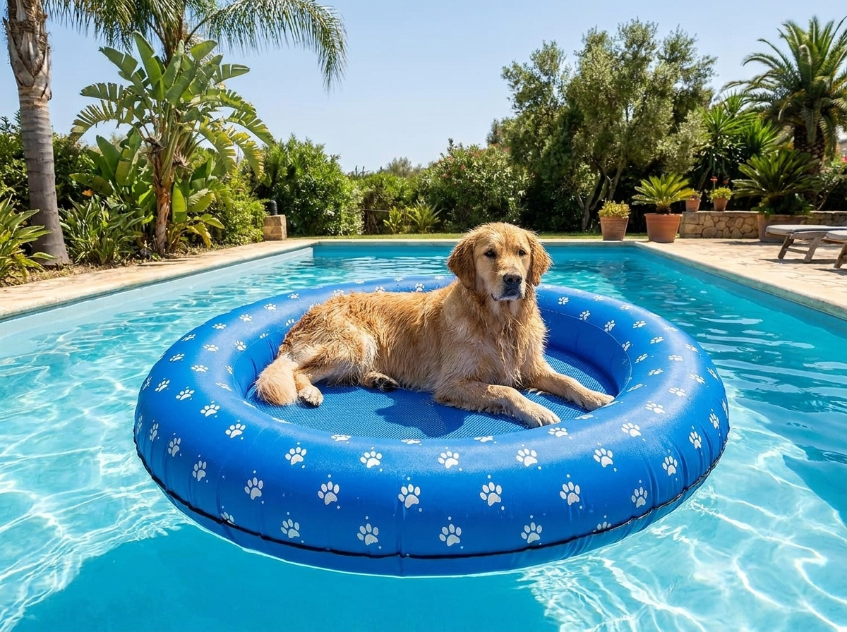 Golden retriever lounging on the Sereve Inflatable Dog Pool Float