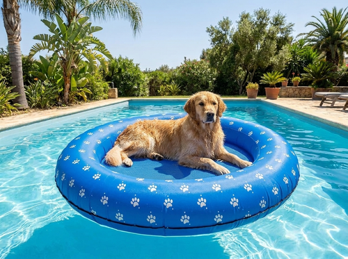 Golden retriever lounging on the Sereve Inflatable Dog Pool Float