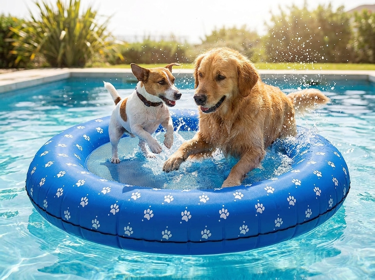 Two dogs playing together on the Sereve Inflatable Dog Pool Float