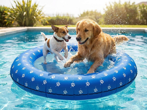 Two dogs playing together on the Sereve Inflatable Dog Pool Float