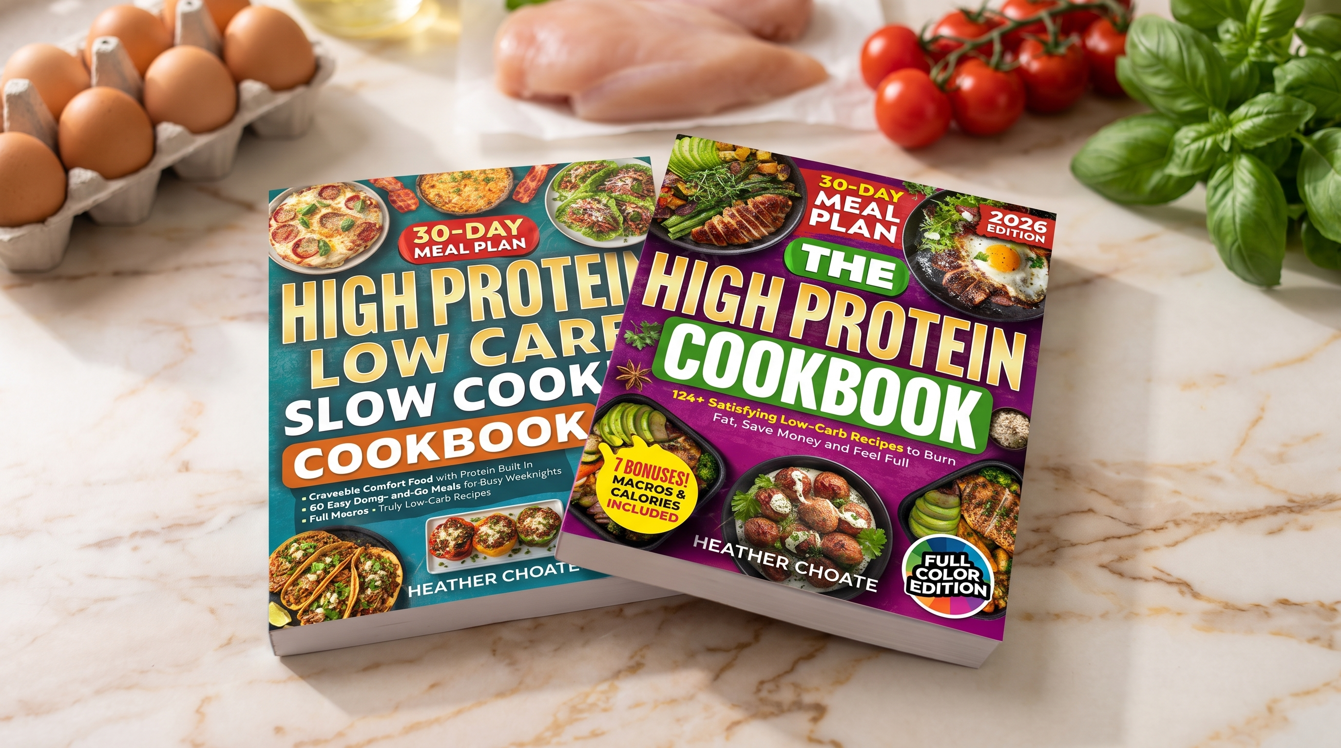 High-Protein Cookbook Bundle — both covers with fresh ingredients