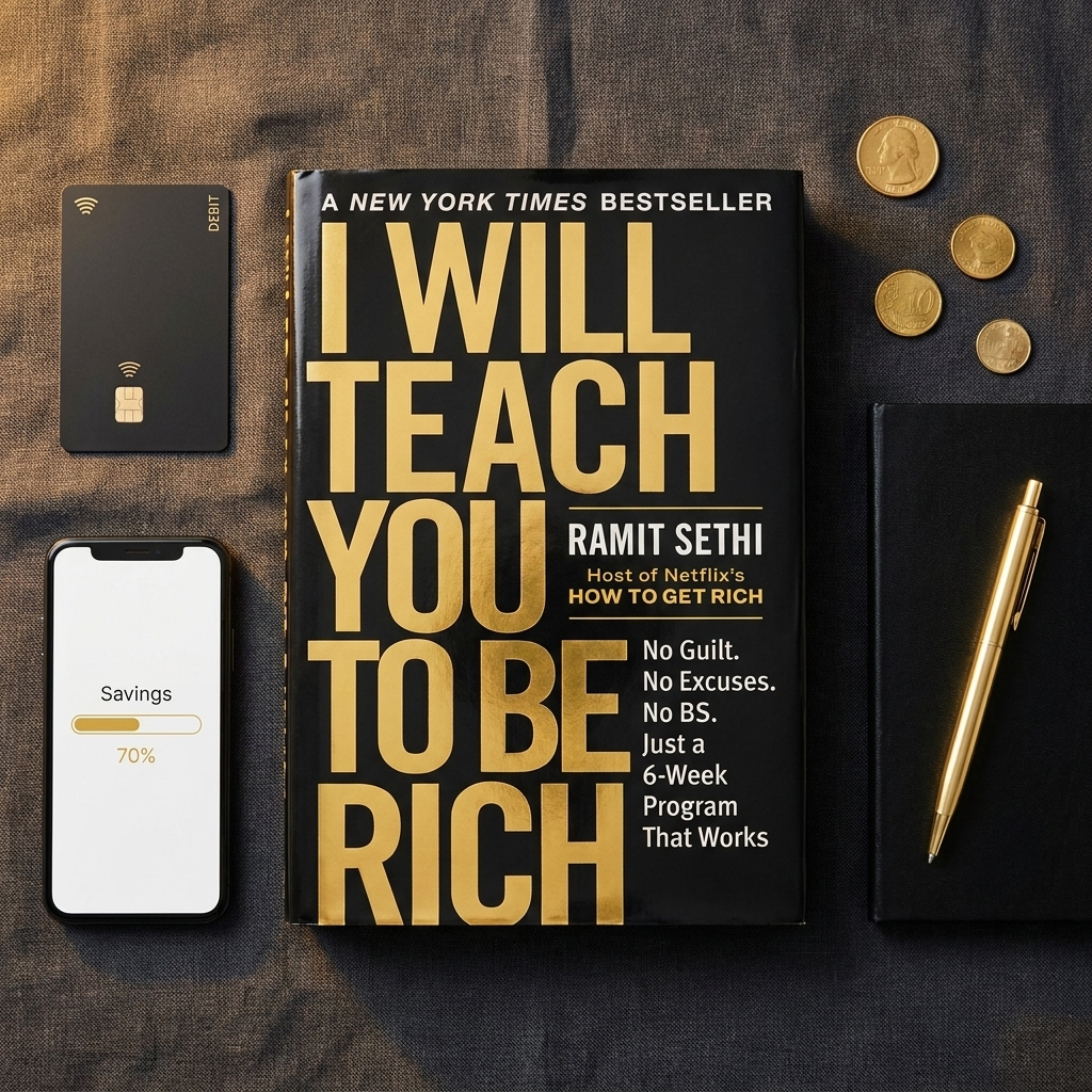 Flat-lay of the book with a debit card, phone and coins