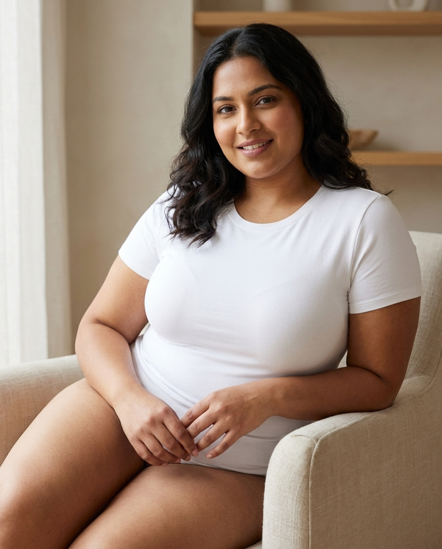 Customer showing smooth fit under a t-shirt
