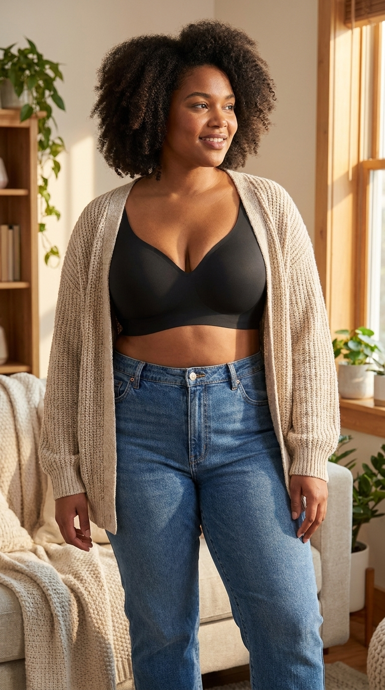 Wireless push-up bra worn under everyday outfit