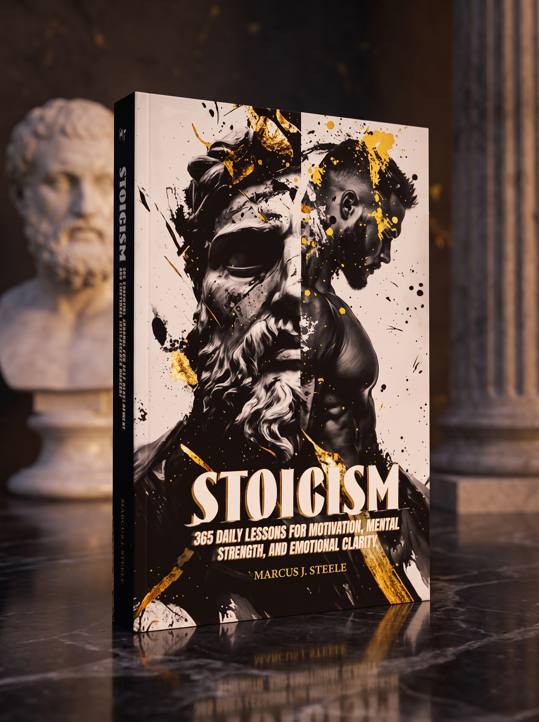 Stoicism book on marble with classical bust