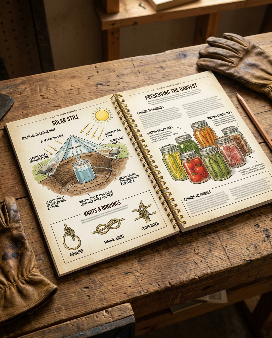 The spiral book lying open showing illustrated survival diagrams