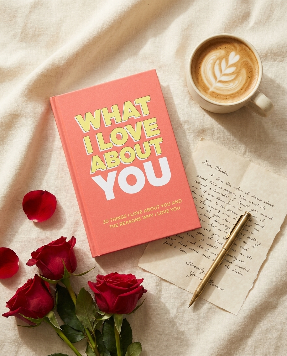 Flatlay with the book, roses and coffee