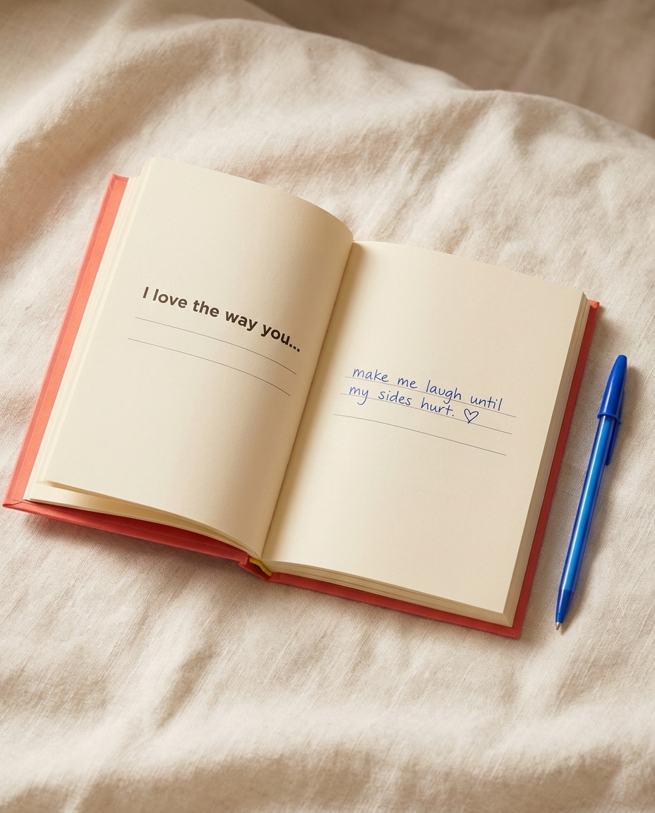 Open book showing a fill-in prompt and handwritten answer