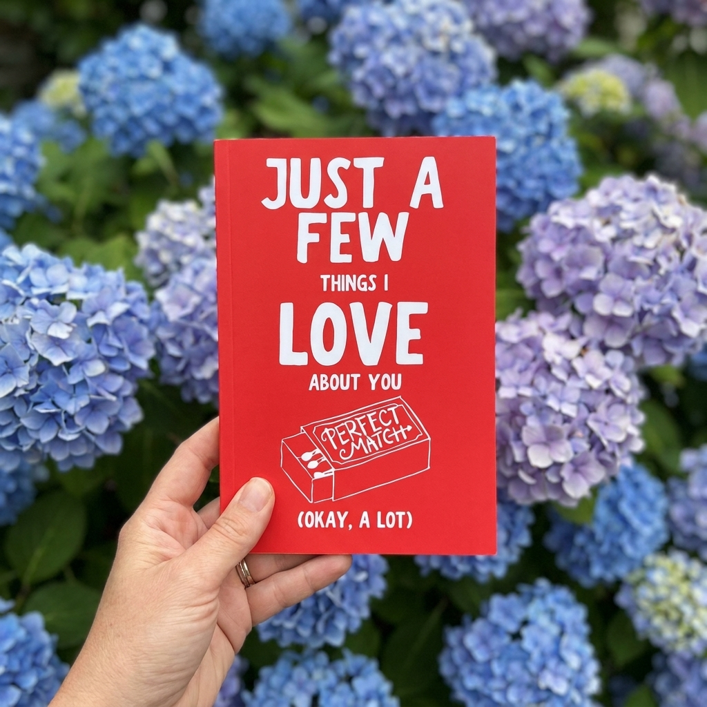 The book held up in front of a garden of hydrangeas