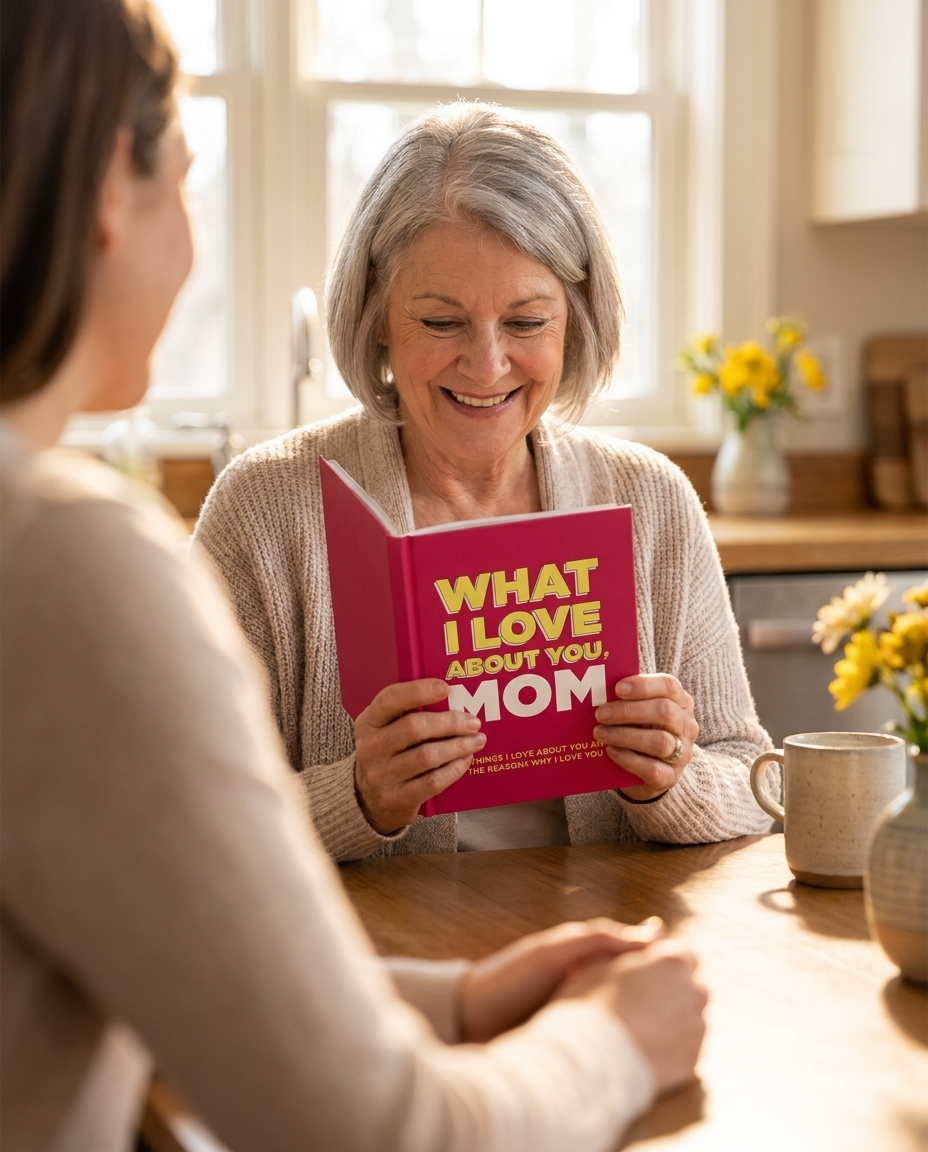 Mom reading the finished keepsake book at the kitchen table