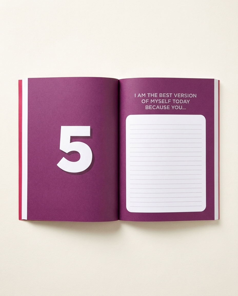 Open spread — a big numbered prompt and a lined panel to write your answer