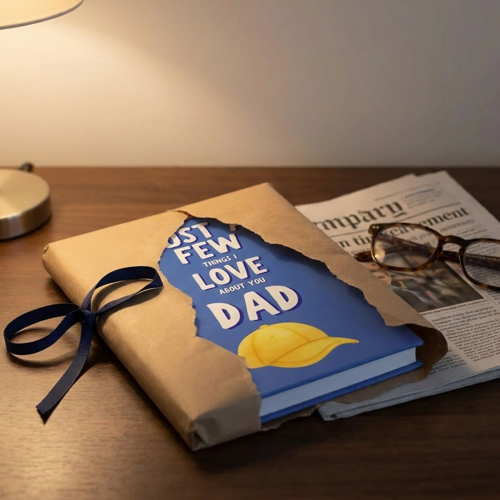 The book half-unwrapped from kraft paper with a navy ribbon