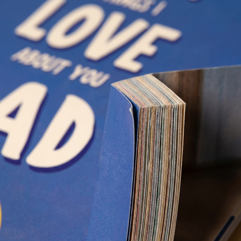 Close-up of the cover texture and full-colour page edges